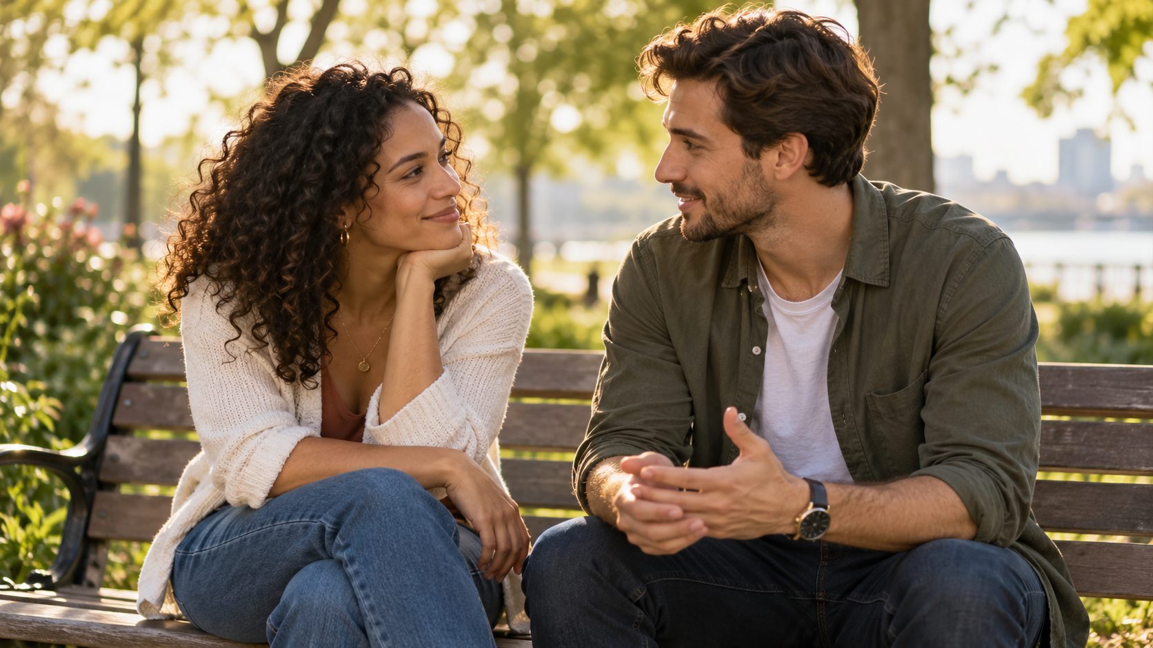Two people talking on a park bench
